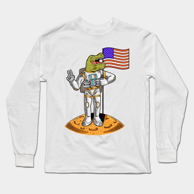 Astronaut T Rex Holding USA Flag Long Sleeve T-Shirt by Mako Design 